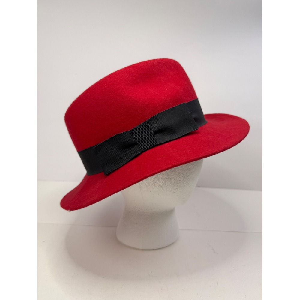 VTG Arlin Red Wool Fedora Hat Black Grosgrain Ribbon Bow Made in USA